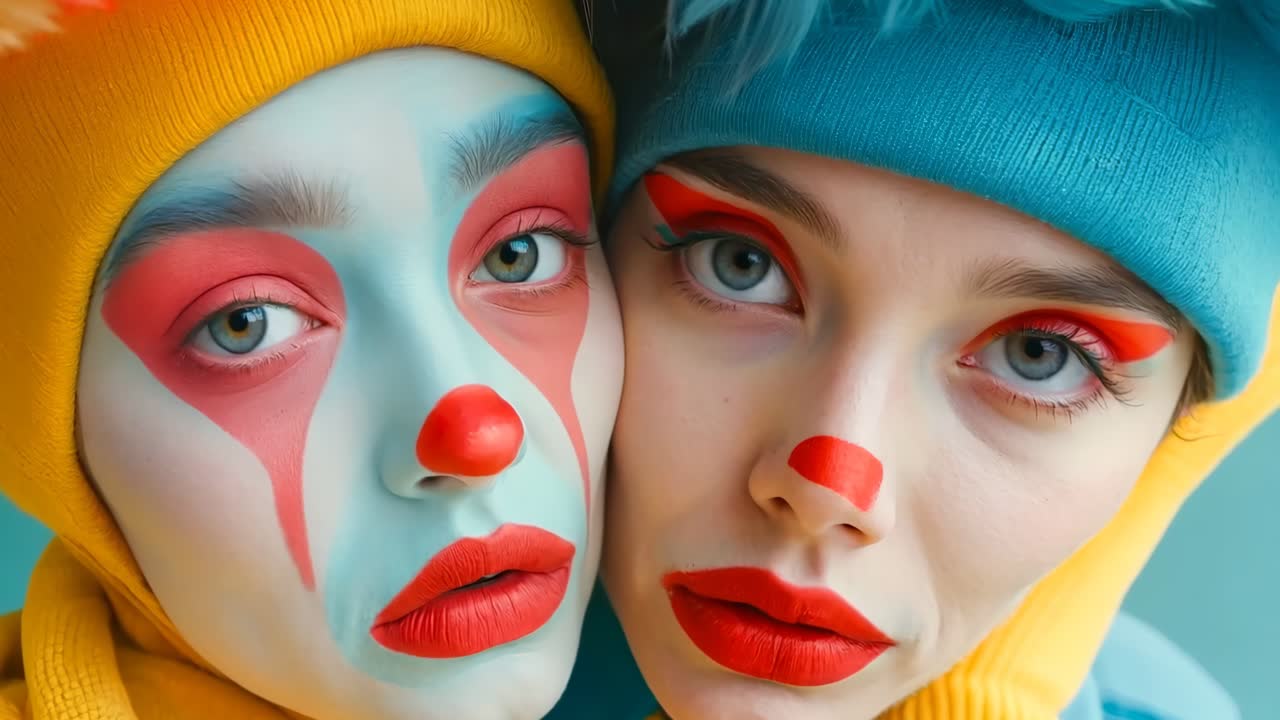 dos mujeres con maquillaje de payaso y maquillaje colorido