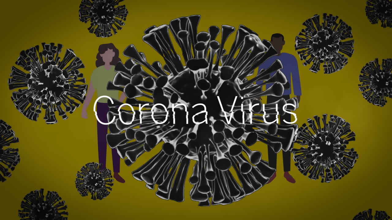 animación de las células de covid 19 sobre el texto del virus de la corona