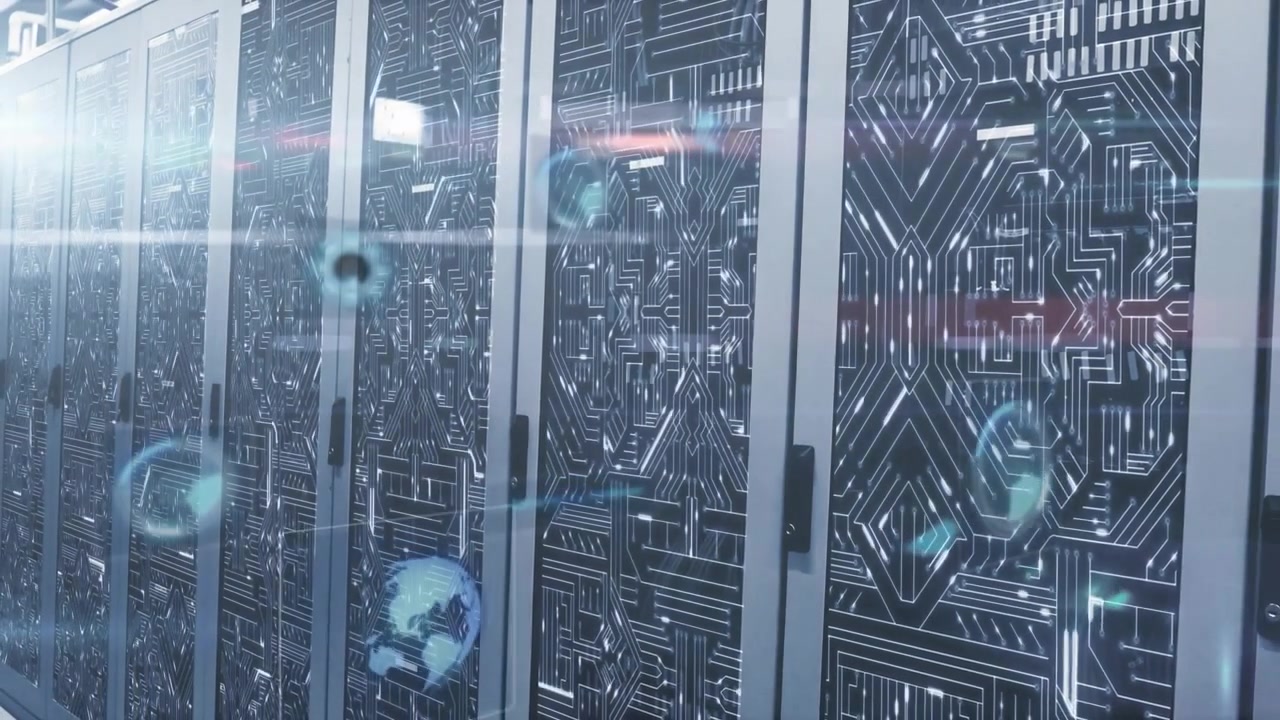 Bluish streaks sliding across servers starting particles drifting forming holographic network flow