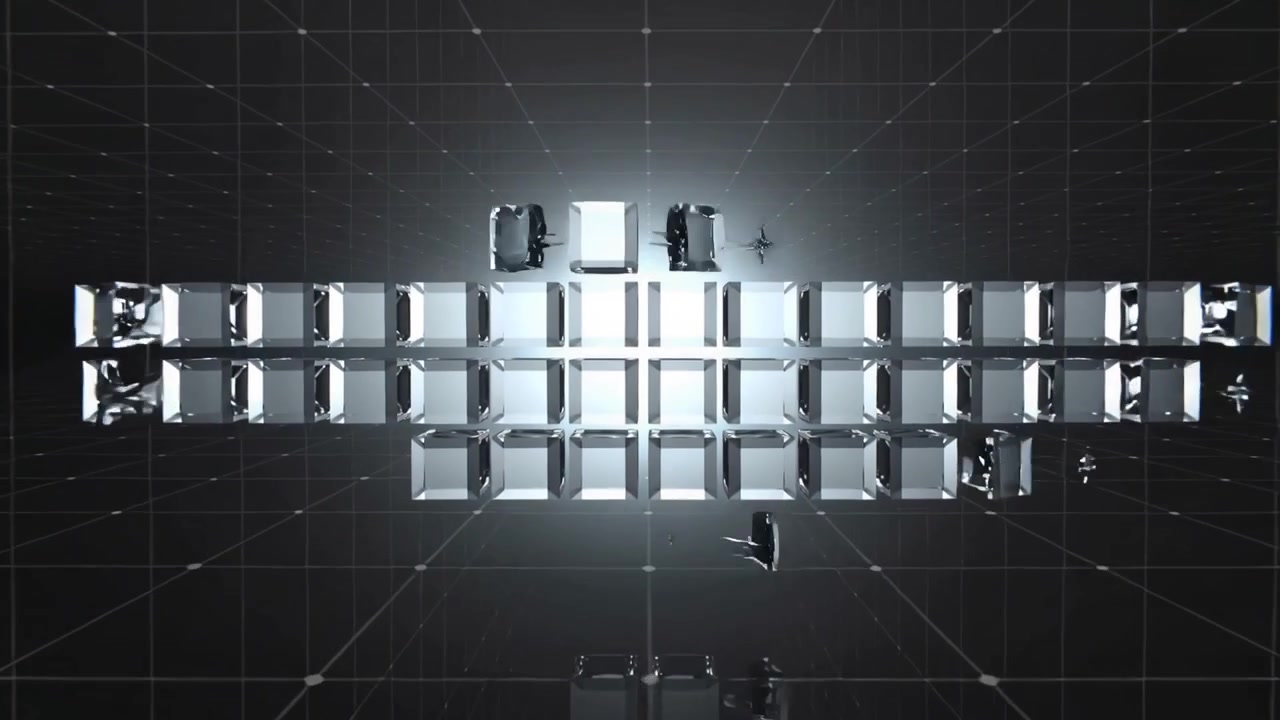Walking figures in dark outfits navigating mirrored cube grid, adjusting as central light rising