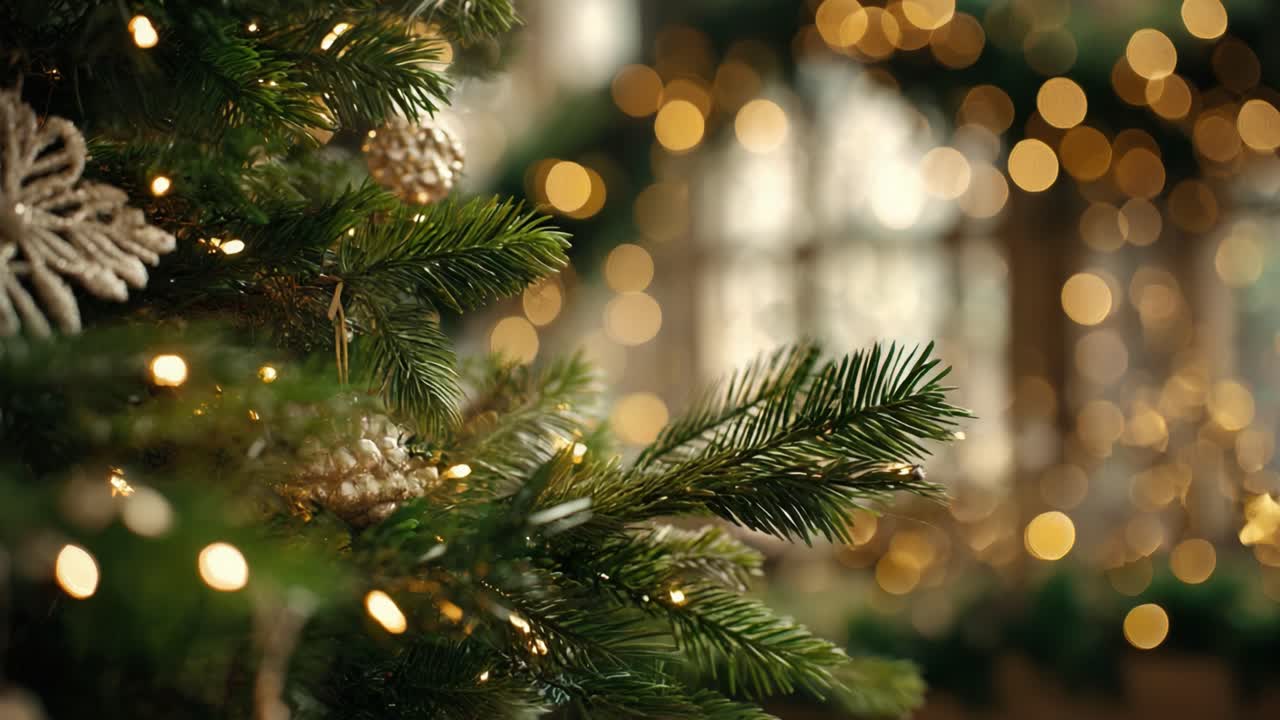 A Captivating View of a Delightfully Decorated Christmas Tree Branch with Twinkling Lights and Radiant Bokeh Background, Evoking the Warmth and Joy of the Holiday Season