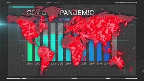 animation of covid 19 emergency text and statistics over world map