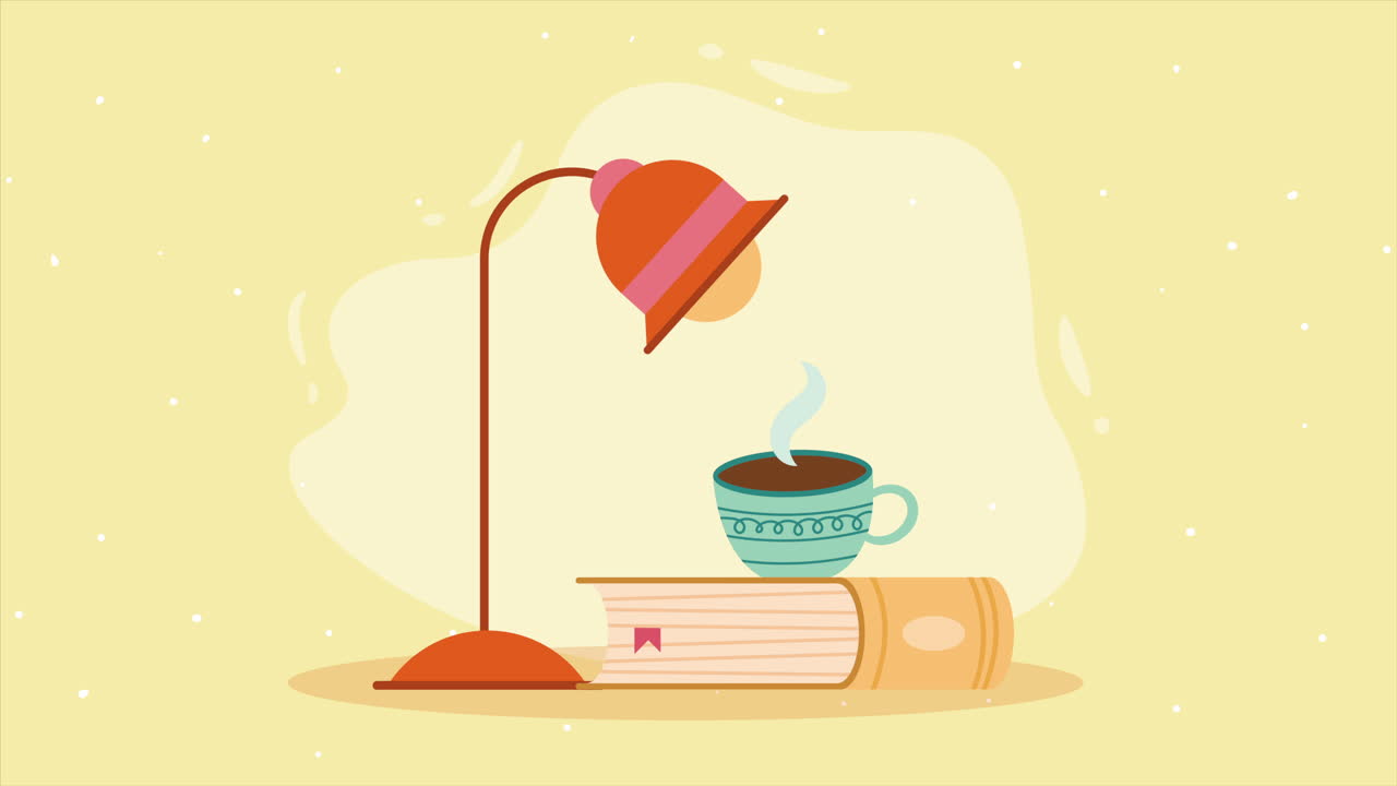 libro de texto con animación de café y lámpara