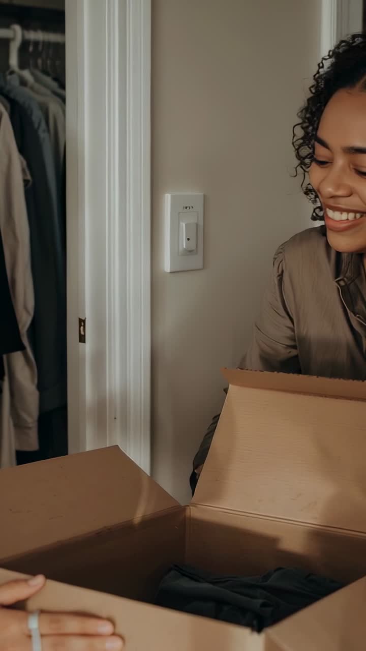 Vertical video: Ringed hand handing box while lady in tan coat taking clothes from bedroom closet