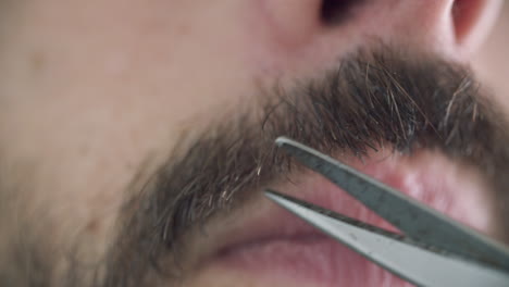 primer plano de varón caucásico recortando su bigote
