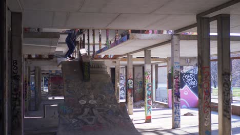 man skates under a bridge at a skatepark