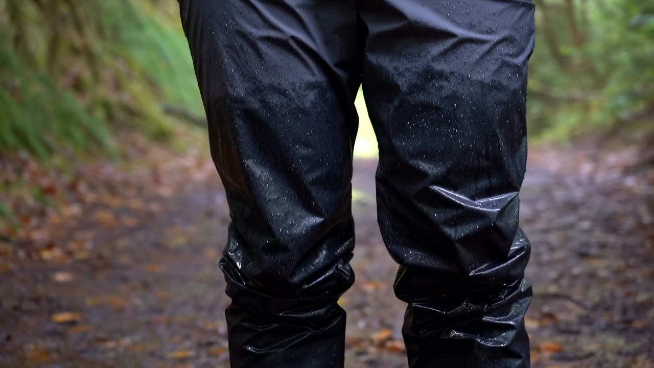 Gros plan d'une personne debout sur un sentier forestier boueux, montrant un pantalon imperméable noir mouillé de la taille à mi-cuisse avec des gouttelettes d'eau, des plis et de la boue