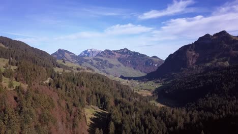 A-tiny-road-winds-through-fall-colors,-beautiful-mountain-valley-forest-Toggenburg,-Switzerland,-aerial