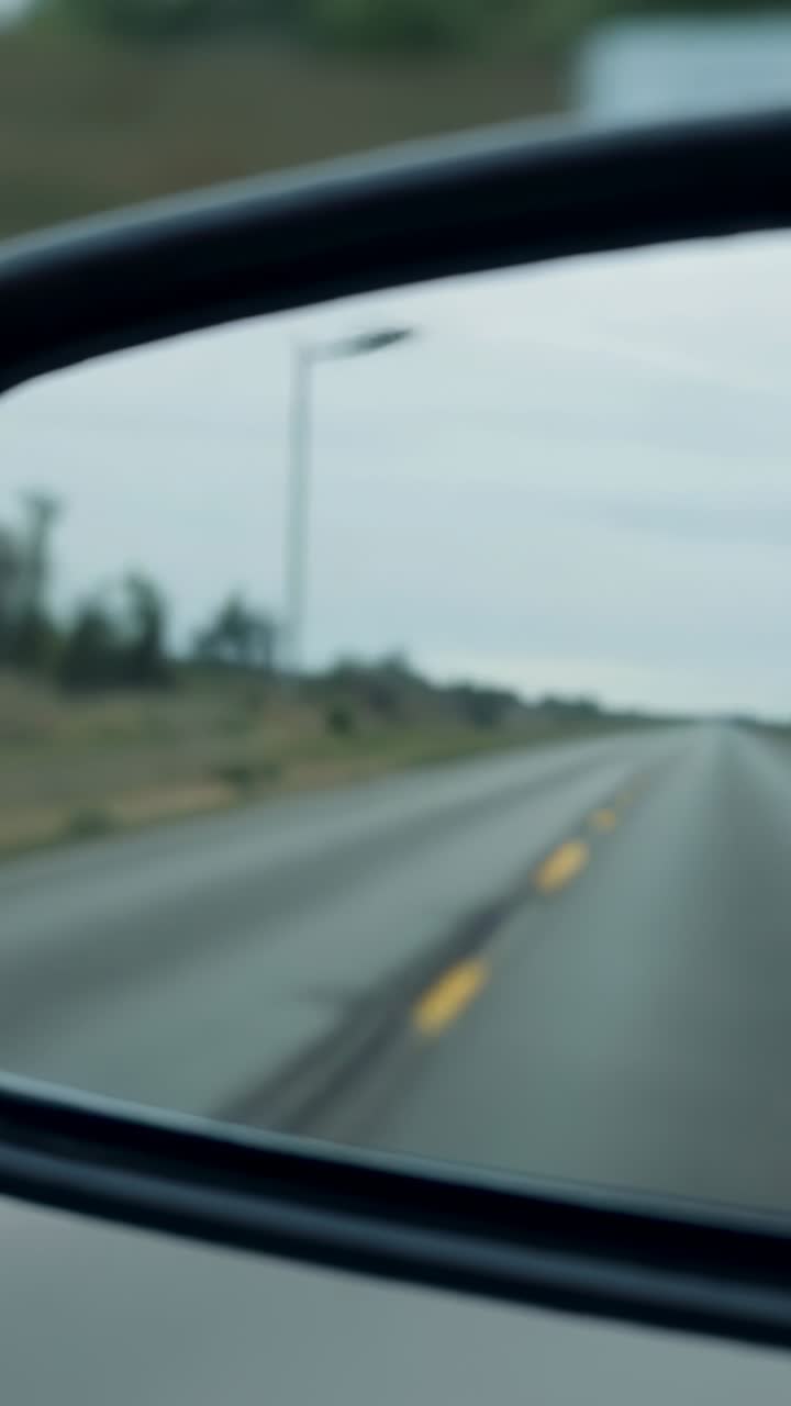 Video verticale: auto che procede, specchietto retrovisore che mostra la linea centrale tratteggiata sulla strada, lampada che appare