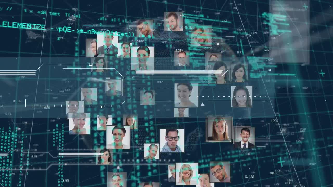 데이터 프로세싱과 파란색 배경에 회전하는 글로벌에 대한 비즈니스 프로필 아이콘