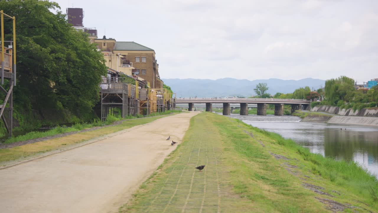 Kyoto Kamogawa and Gion Shijo Establishing Shot, Pan on Overcast Day Japan