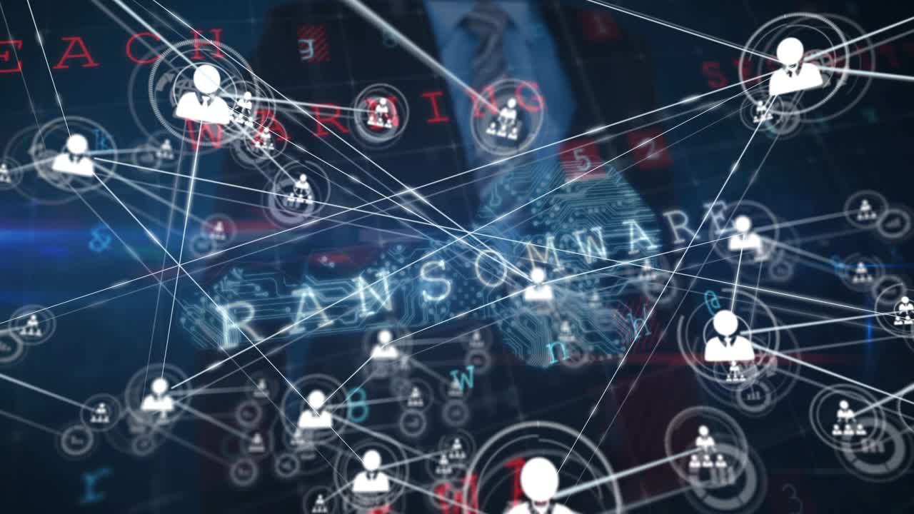 Animation of connected icons, key, text, letters, numbers over midsection man touching screen