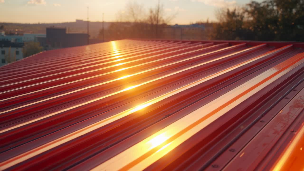Panning camera capturing red corrugated metal roof at sunset, revealing sunlit dew sparkles