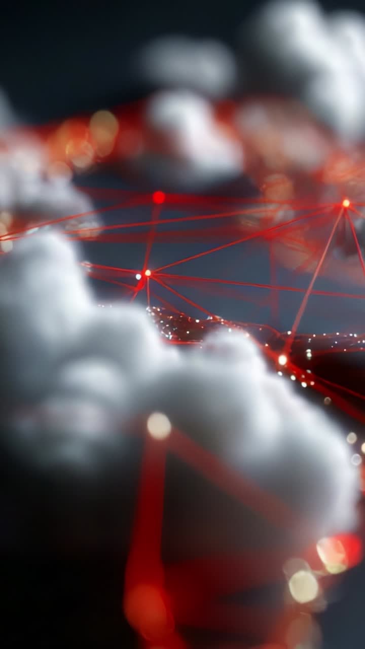 A Visual Representation of Digital Connections Illustrated by Red Lines and Clouds, Showcasing the Interplay of Technology and Nature in a Futuristic Context