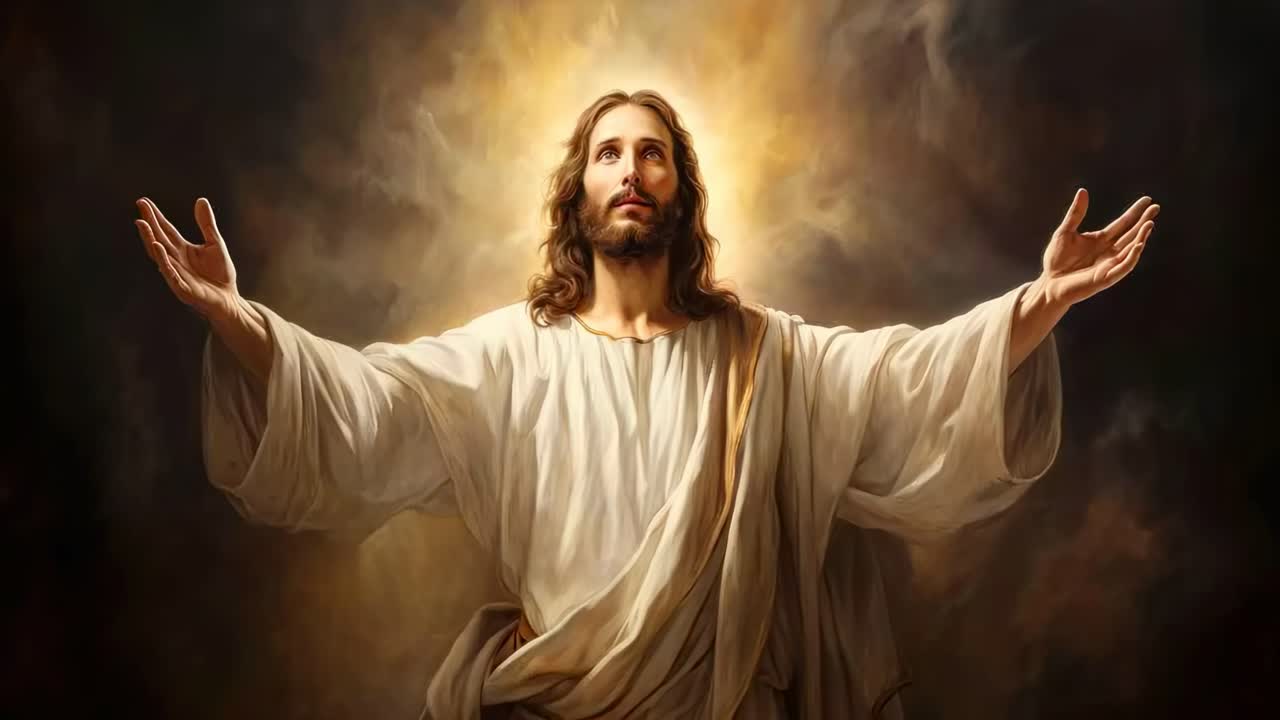 A divine figure with open arms, bathed in light, viewed from a low angle