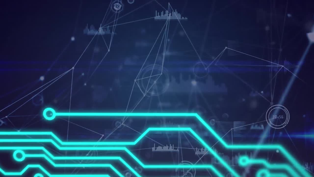 animación de redes de conexiones y procesamiento de datos sobre fondo negro