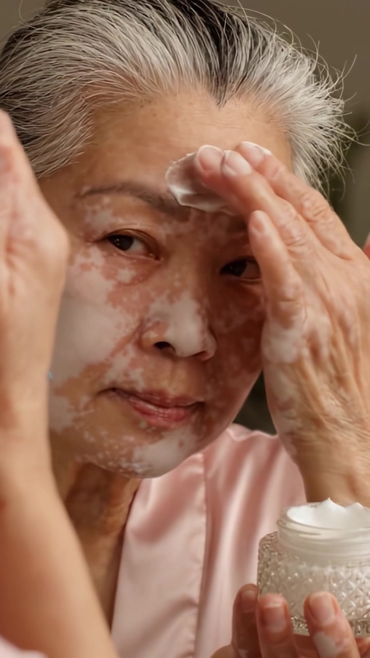 A Serene Moment of Skincare: An Older Woman Engaging in a Gentle Cleansing Routine, Emphasizing Self-Care and Nourishment for Her Skin.