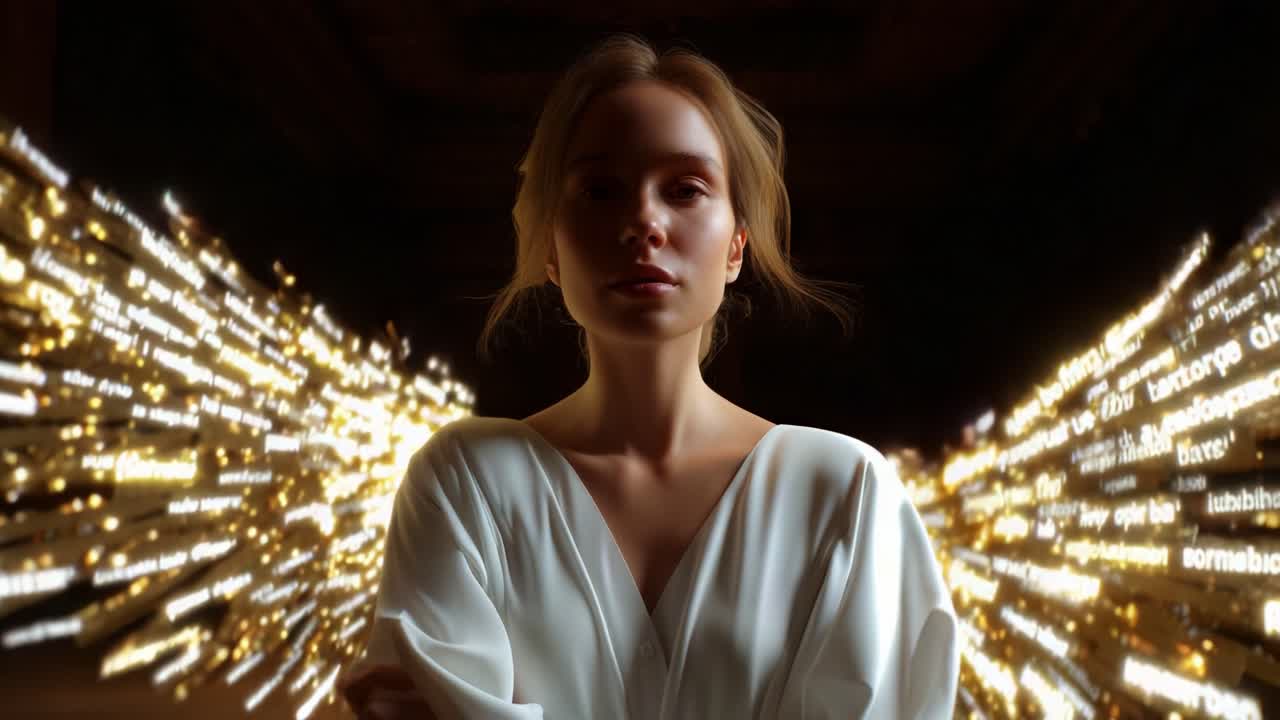 A Captivating Portrait of a Young Woman in a White Garment, Surrounded by Ethereal Golden Light Patterns, Creating a Harmonious Blend of Elegance and Creativity Against a Dark Background
