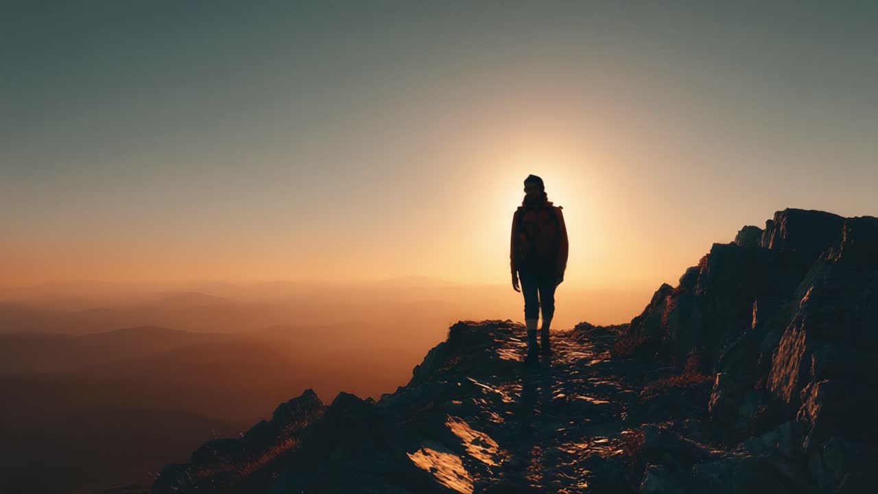 A Solo Adventurer on a Mountain Trail at Sunset, Embodying the Essence of Freedom and Exploration Against a Majestic Backdrop of Nature's Beauty