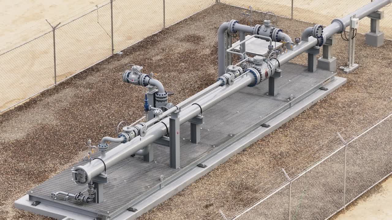 disparo en órbita aérea de la turbina de tubería de acero con combustible que fluye en un gran campo en la naturaleza