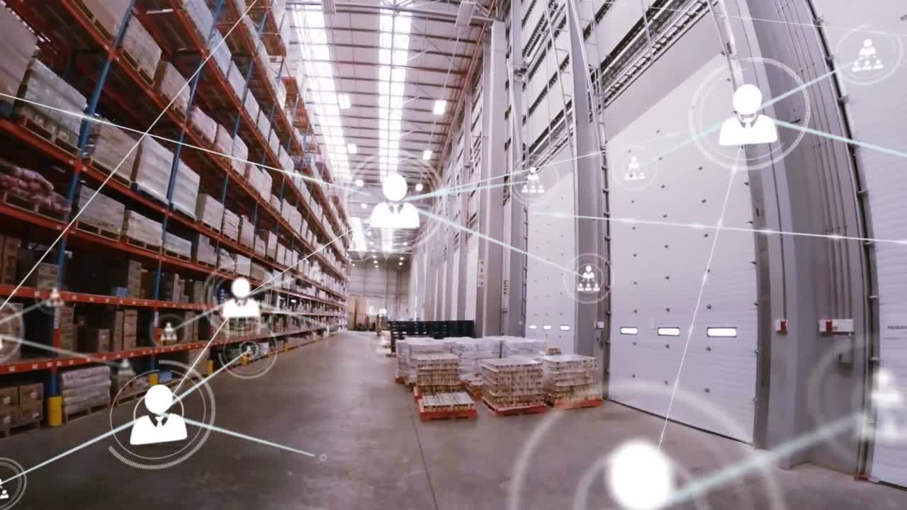 animación de redes de conexiones con iconos sobre el almacén