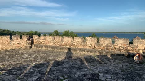 the view from inside the fortress of bacalar at sunset