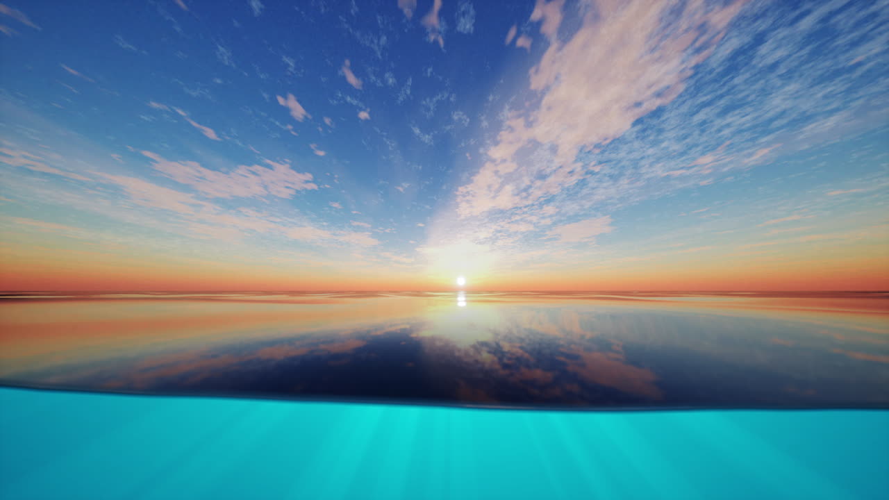 바다 아래의 경이로운 일몰과 수중 풍경