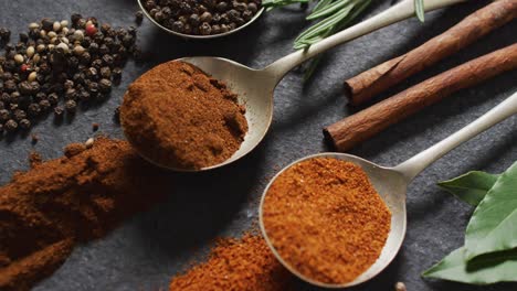 video of spoons with diverse spices lying on grey background