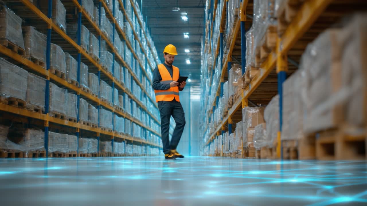 Operazioni di magazzino con integrazione tecnologica: un lavoratore utilizza strumenti digitali per la gestione dell'inventario in un moderno impianto di stoccaggio