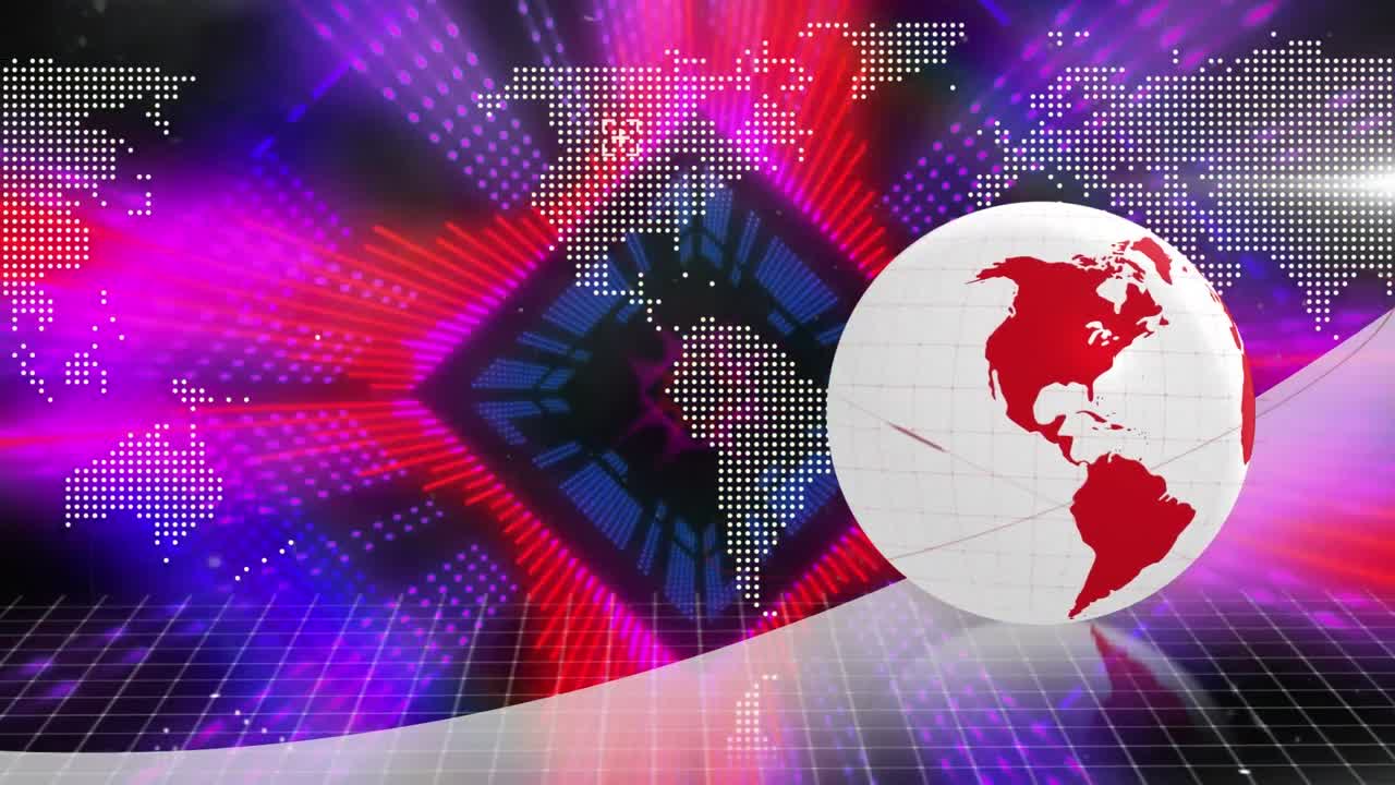회전하는 지구와 세계 지도의 애니메이션은 검은색 배경에 매이지 않는 패턴으로 네온 터널 위에 있습니다.