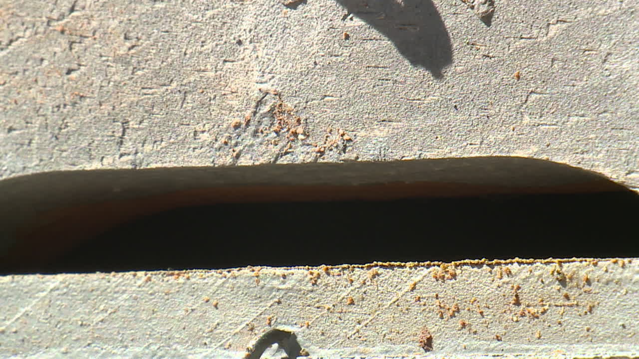 Close-up view of a brick wall with a built-in drain
