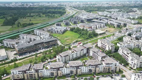 Wilanow,-Drone-aerial-photo-of-modern-residential-buildings-in-Wilanow-area-of-Warsaw,-Poland