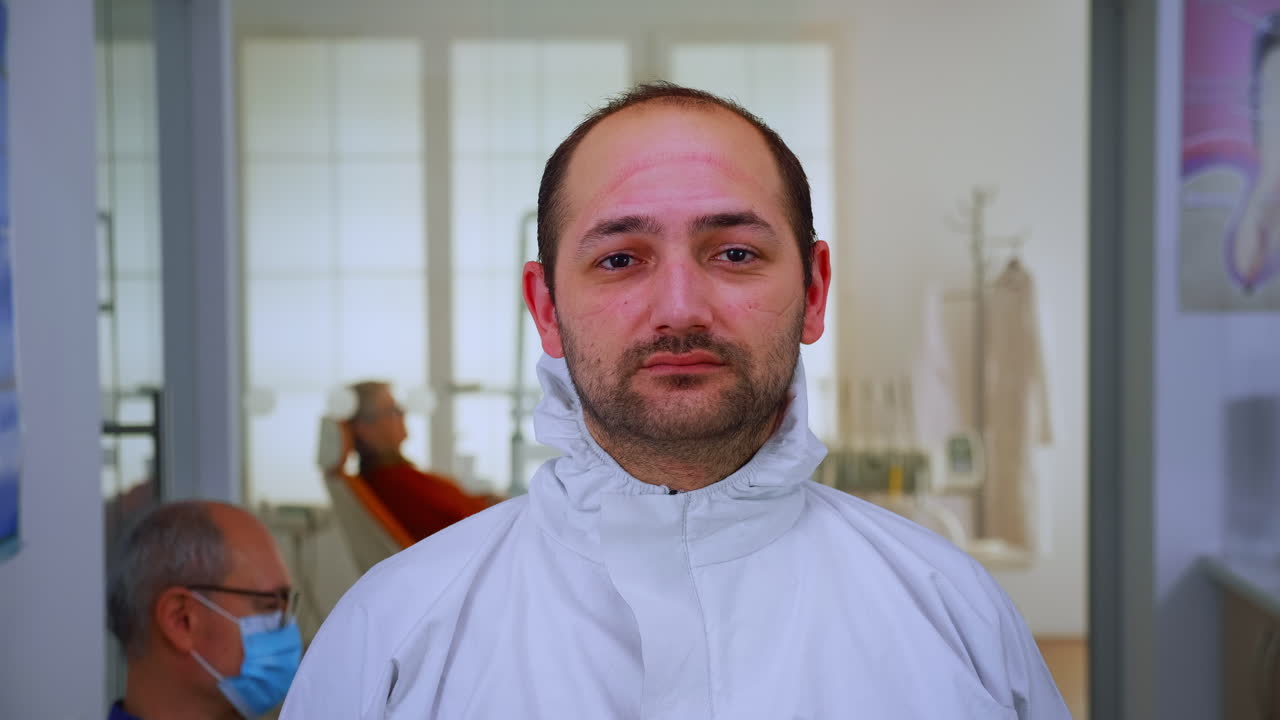 Exhausted doctor looking on camera without face mask