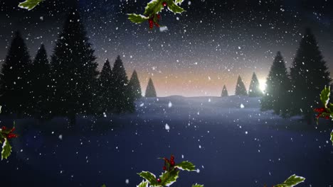 Christmas-wreath-decoration-over-snow-falling-on-multiple-trees-on-winter-landscape