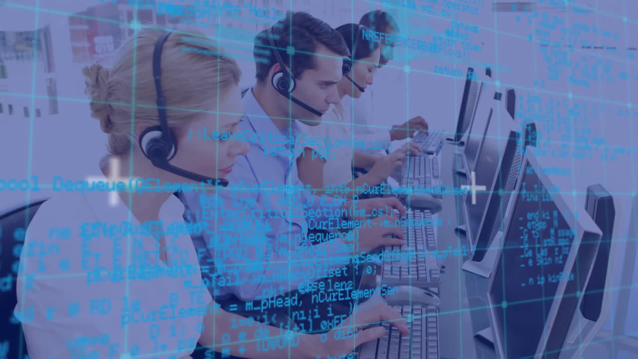 animación del procesamiento de datos sobre personas de negocios que usan auriculares telefónicos