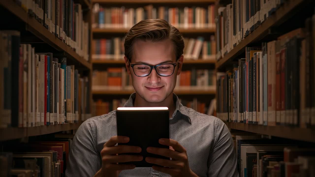 Un homme rayonnant avec une tablette, portant une chemise à col et des lunettes, lit et trouve de la joie en inclinant sa tablette devant des étagères de bibliothèque