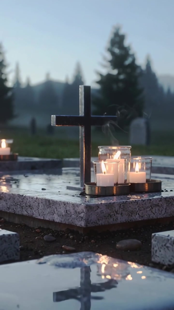 Вертикальное видео: Отдаление камеры, показывающее металлический крест, зажженные свечи на латунном подносе на кладбище