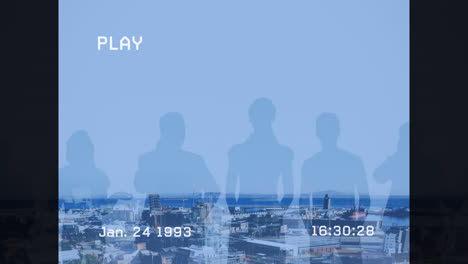 animation of interference and silhouettes of business people over cityscape