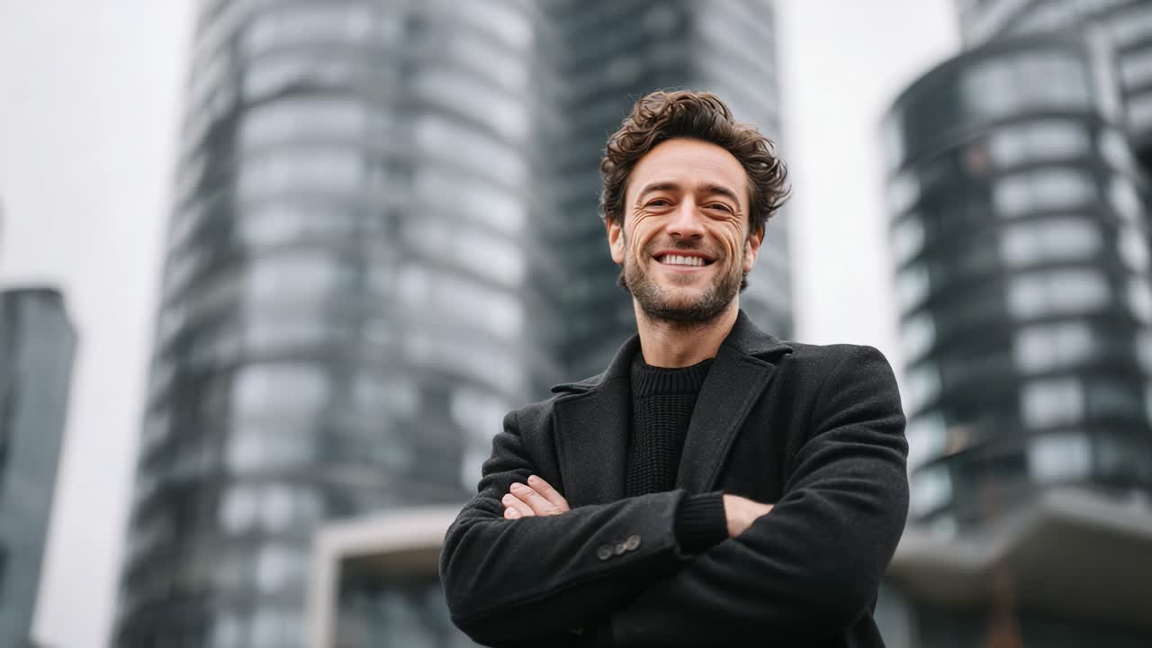 A Confident Man Smiles Brightly with Crossed Arms in Front of Modern Architectural Structures, Showcasing Urban Life and Style in a Contemporary Setting