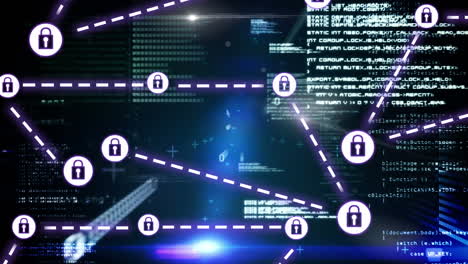 animación de la red de conexiones con iconos de seguridad de candado a través de codificación binaria