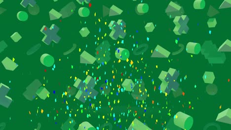 Animation-of-confetti-falling-over-rows-of-christmas-pattern-moving-on-green-background