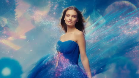 woman in sparkling blue dress in an ethereal setting