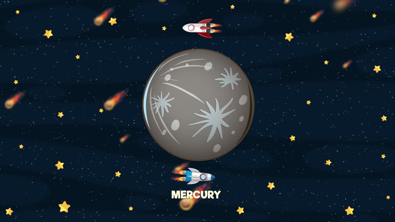 Colorful spacecraft orbit Mercury amidst stars and meteors in a playful, dynamic animation with a whimsical cosmic theme