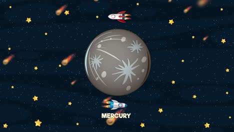colorful spacecraft orbit mercury amidst stars and meteors in a playful, dynamic animation with a whimsical cosmic theme