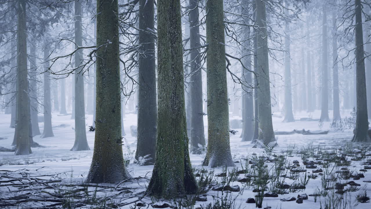 겨울의 안개 속 에 높은 나무 들 이 있는 눈 인 숲 풍경