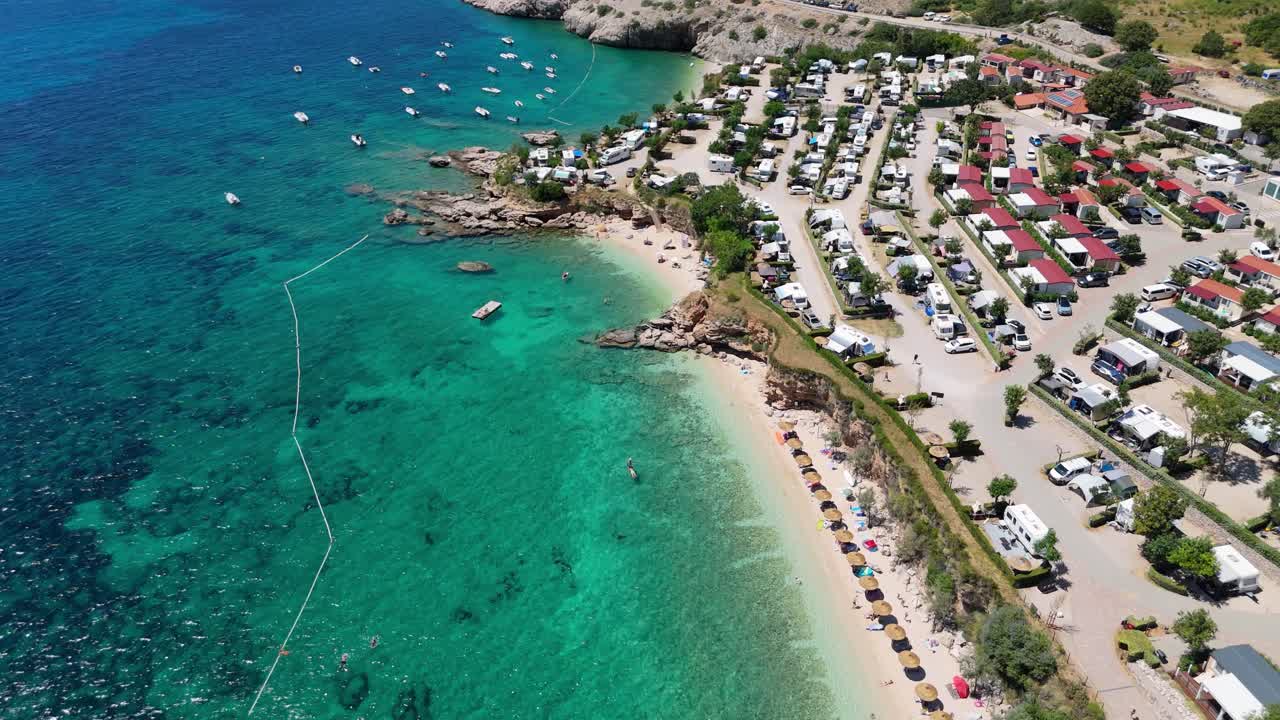 Campsite at Campig Skrila, Krk Island, Stara Baska Croatia, Aerial View of the Mountains and Coast With Boats, Beaches and Adriatic Sea. The Seaside Rv Campmobiles on a Summer Beautiful Coastline