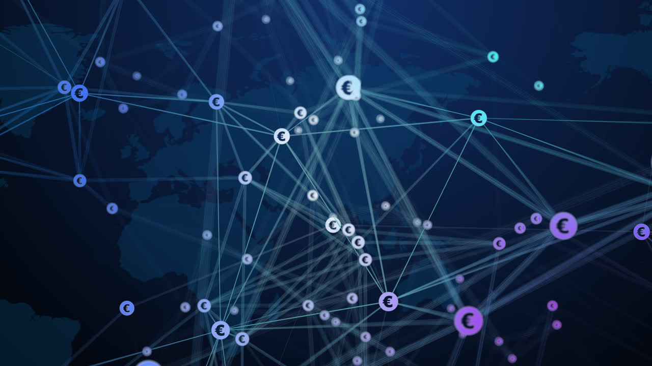 The symbols of the European currency Euro are connected by numerous rotating lines on the background of a dark blue world map. Looped blurred 3D animation.