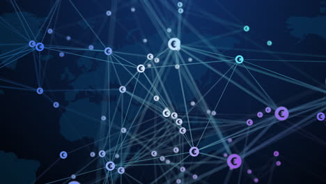 The symbols of the European currency Euro are connected by numerous rotating lines on the background of a dark blue world map. Looped blurred 3D animation.