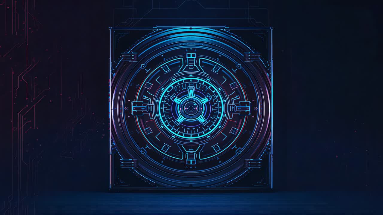 Opening holographic interface spinning rings around star hub in digital void, with neon tracers