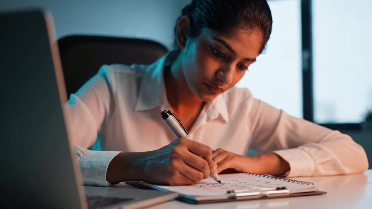 A focused woman diligently studies at her desk, using a notepad and pen to enhance her learning, illuminated by the soft glow of a computer in the background.